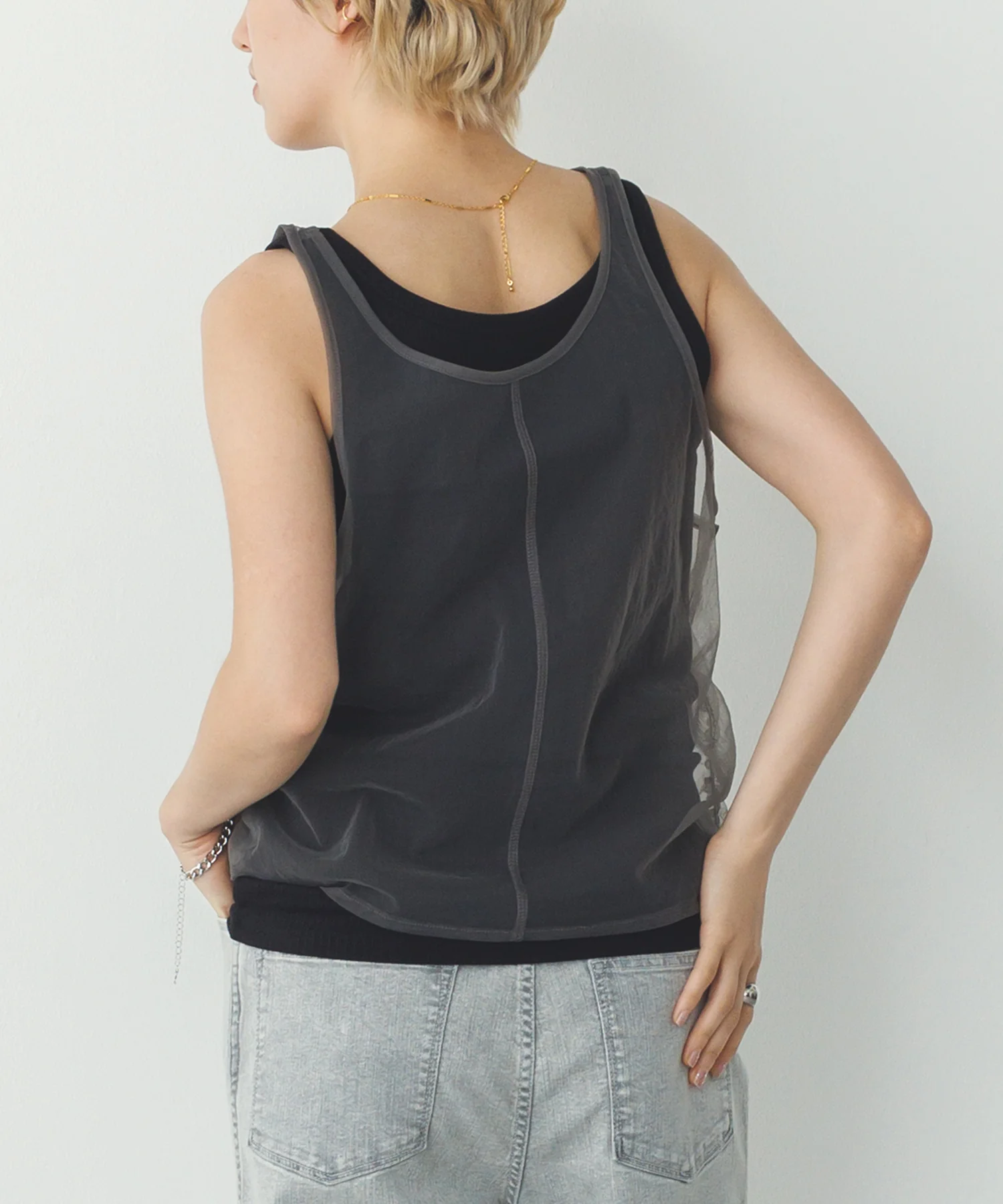 チュールレイヤード リブタンクトップ