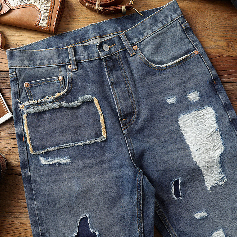 DIYクラフトダメージパッチワーク　ヘビーオンスセルビッジデニムパンツ