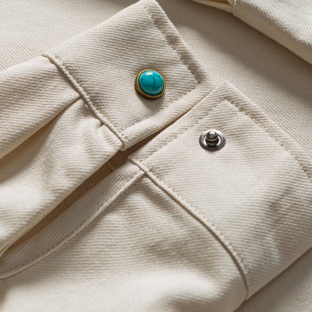 レトロスタンドカラー　ターコイズボタン付きワークシャツ