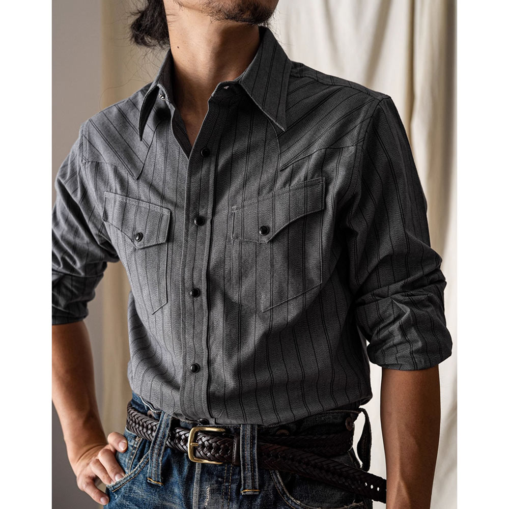 四色織り　コットン杢調ストライプ ウエスタンシャツ