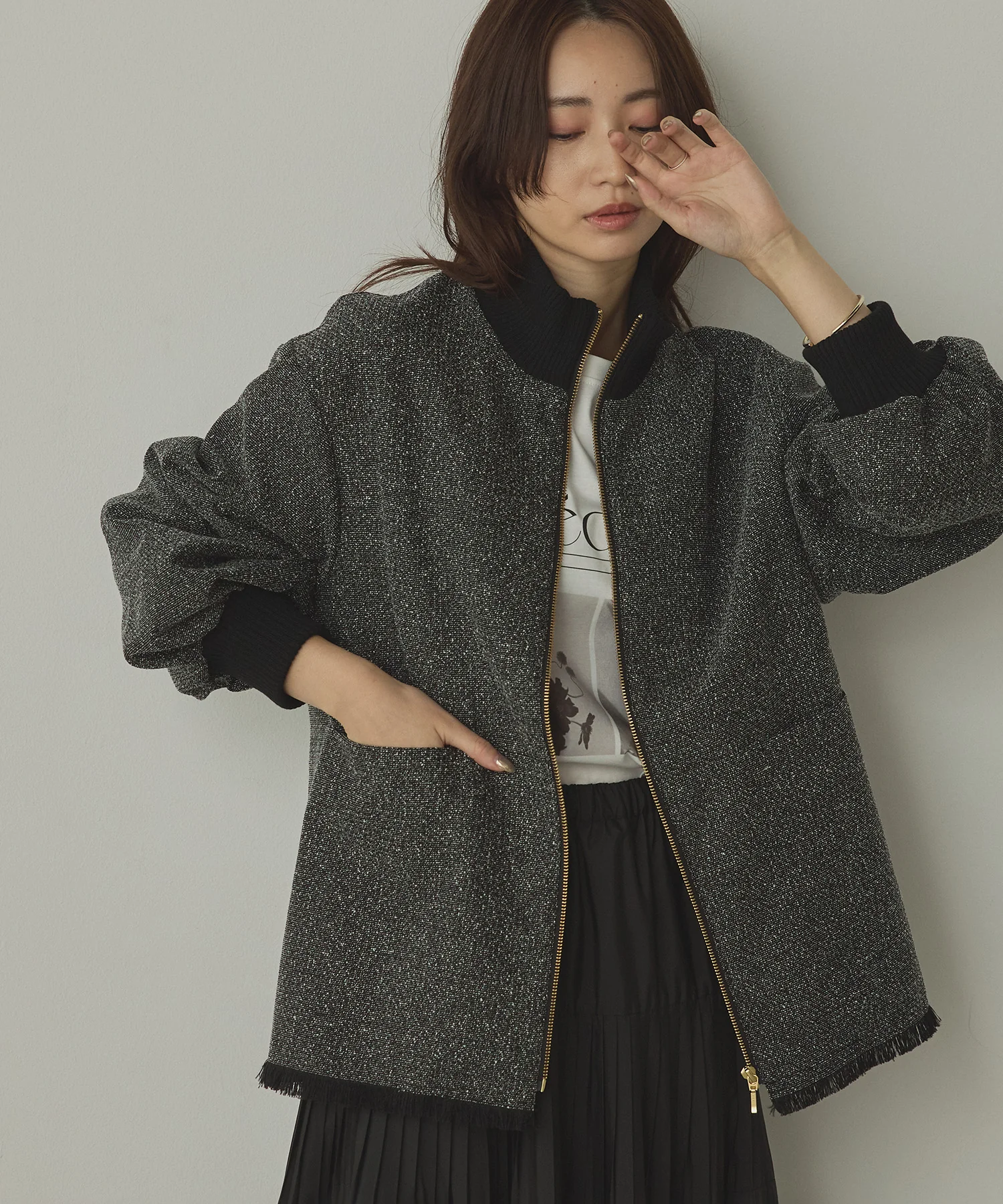 スタンドカラー ツィードブルゾン