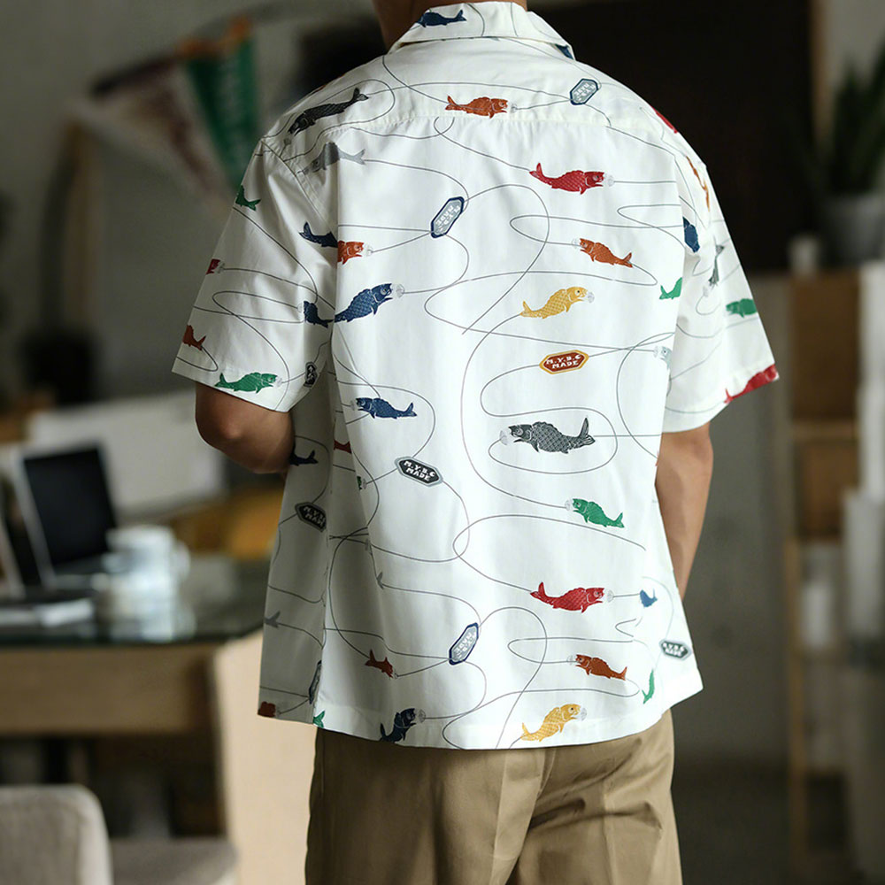 「魚」テンセル総柄半袖アロハシャツ