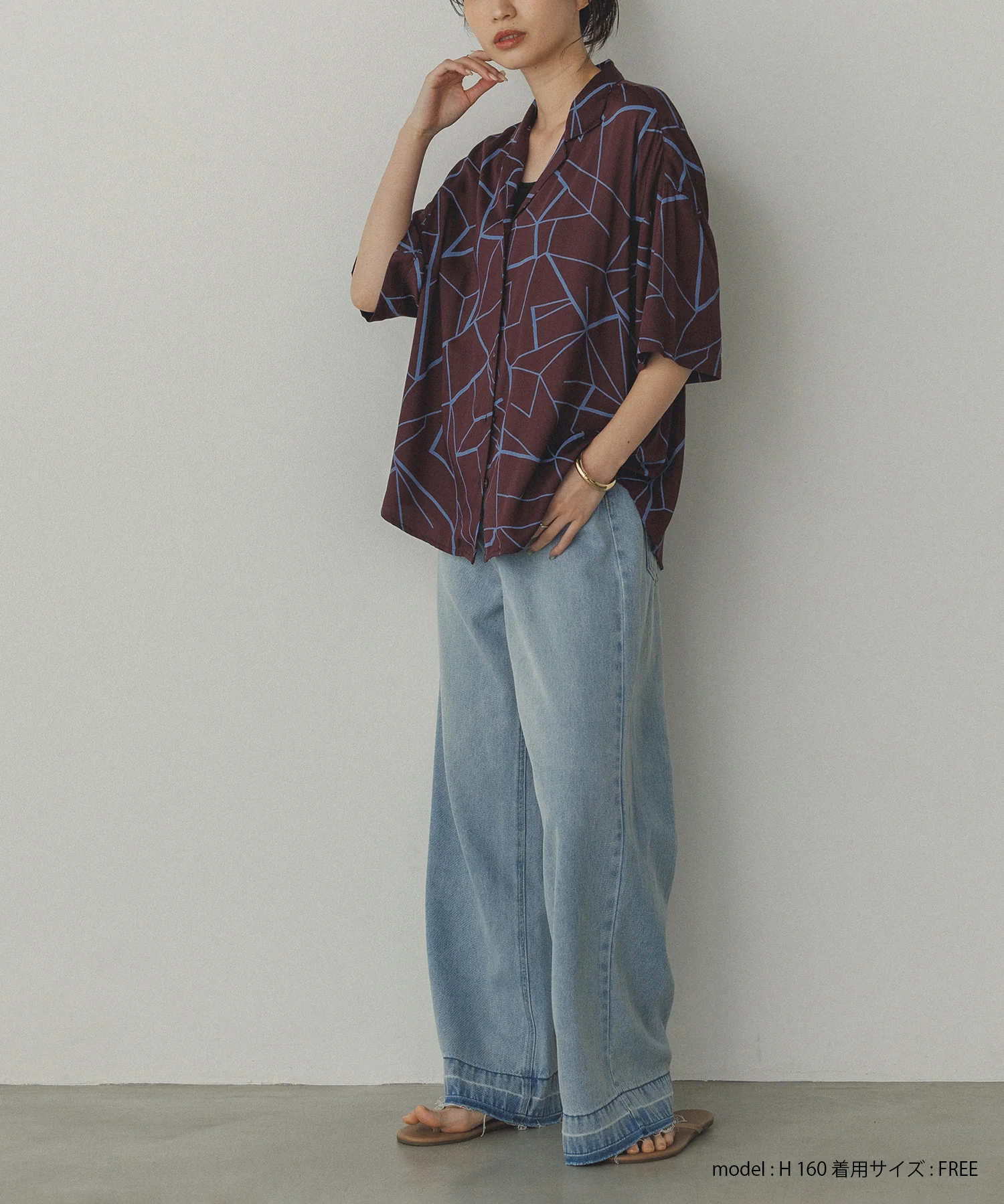 ビスコースサテン プリント開襟シャツ