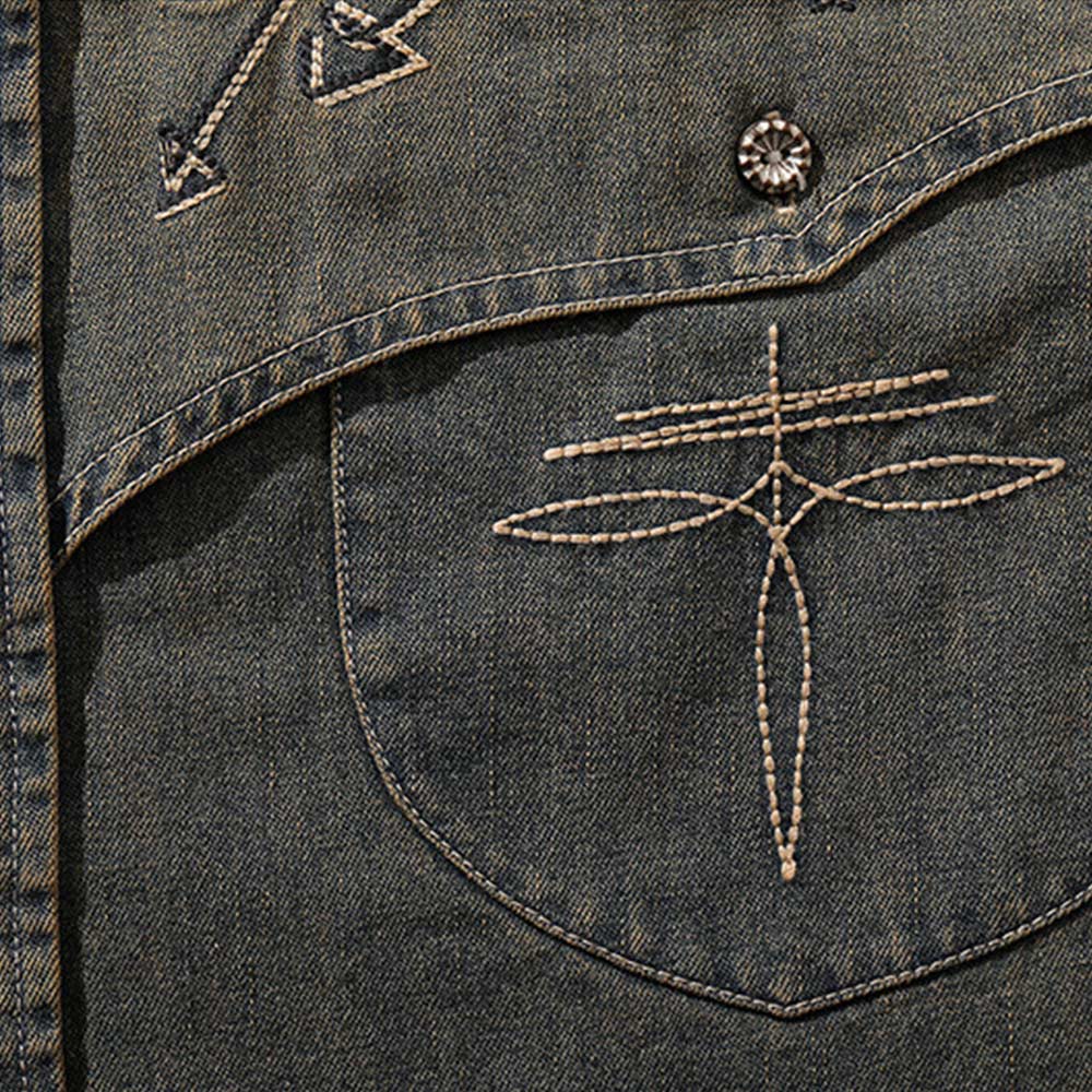 アメカジ刺繍ウォッシュデニムシャツ長袖