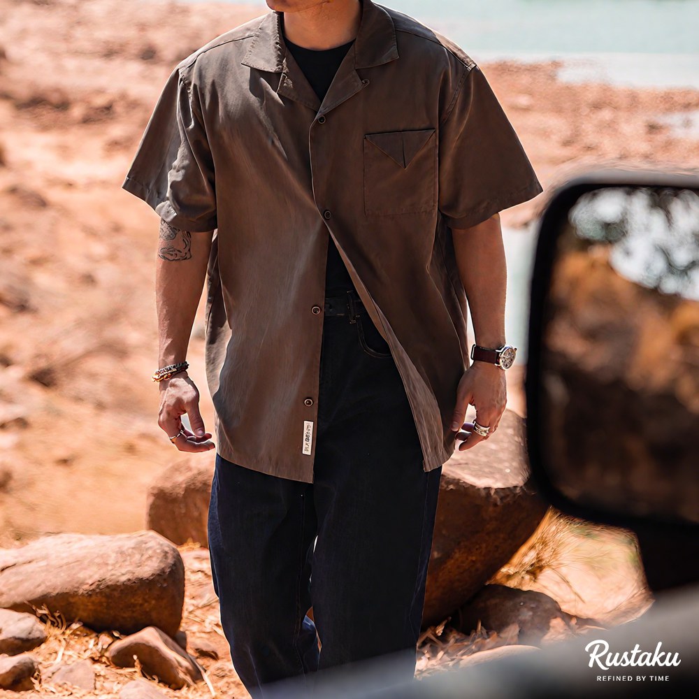 「ジャングルの掟」ブラックパンサー刺繍　ピーチスキン キューバカラーシャツ