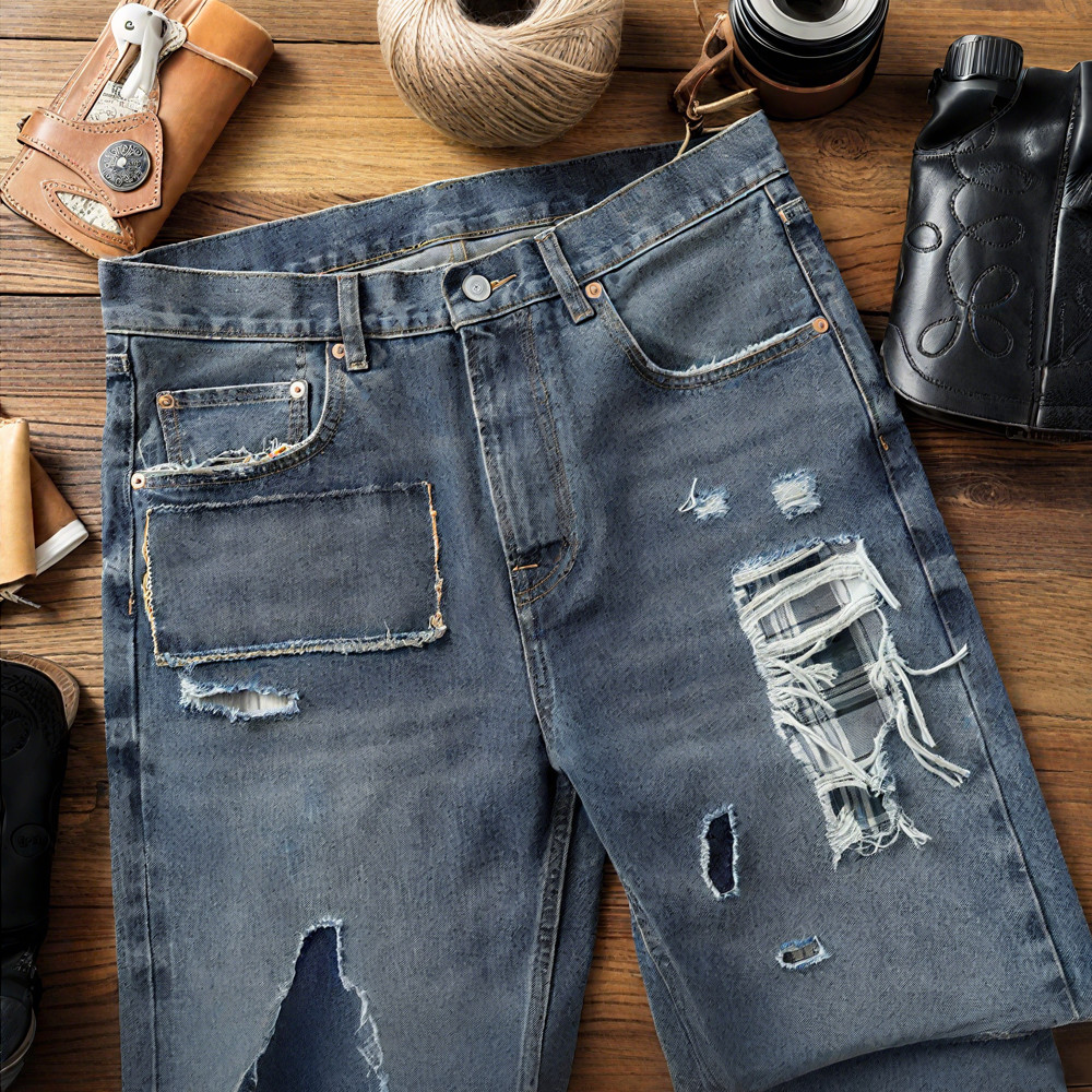 DIYクラフトダメージパッチワーク　ヘビーオンスセルビッジデニムパンツ