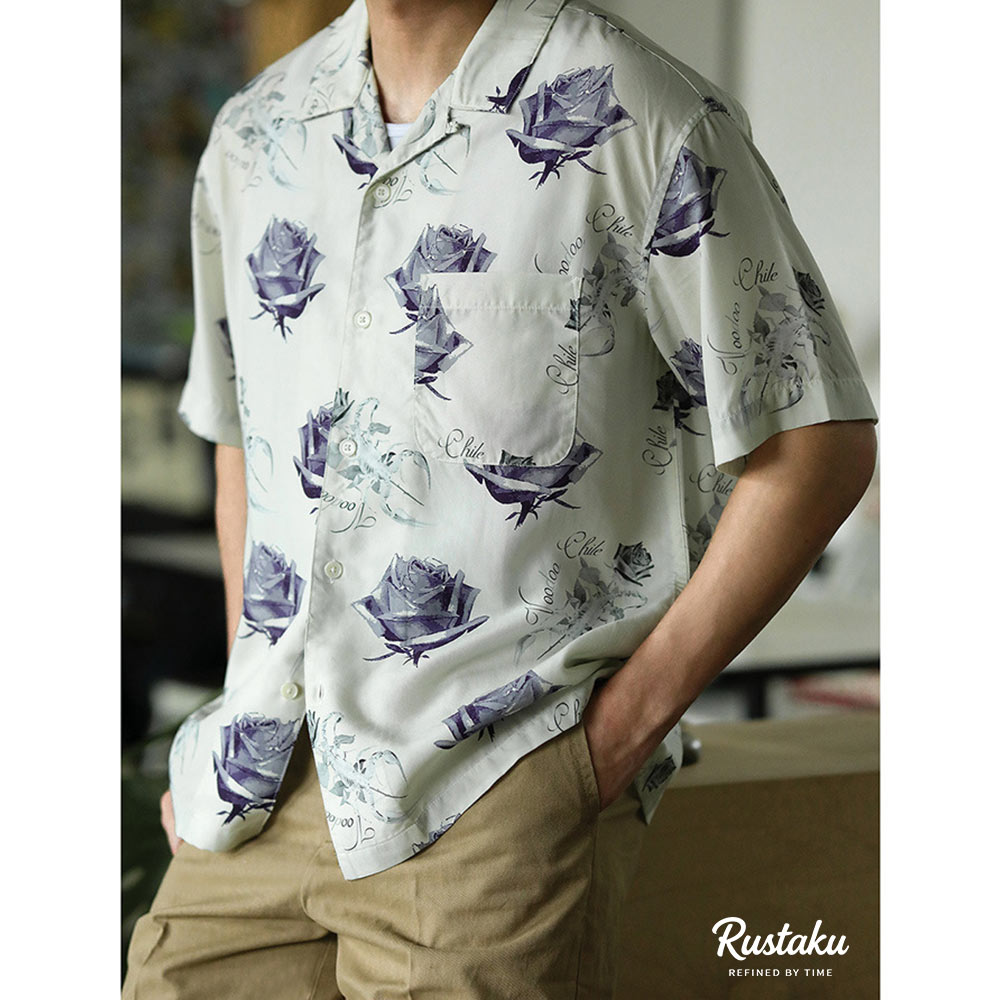 冷感リヨセル　サソリとバラの総柄アロハシャツ