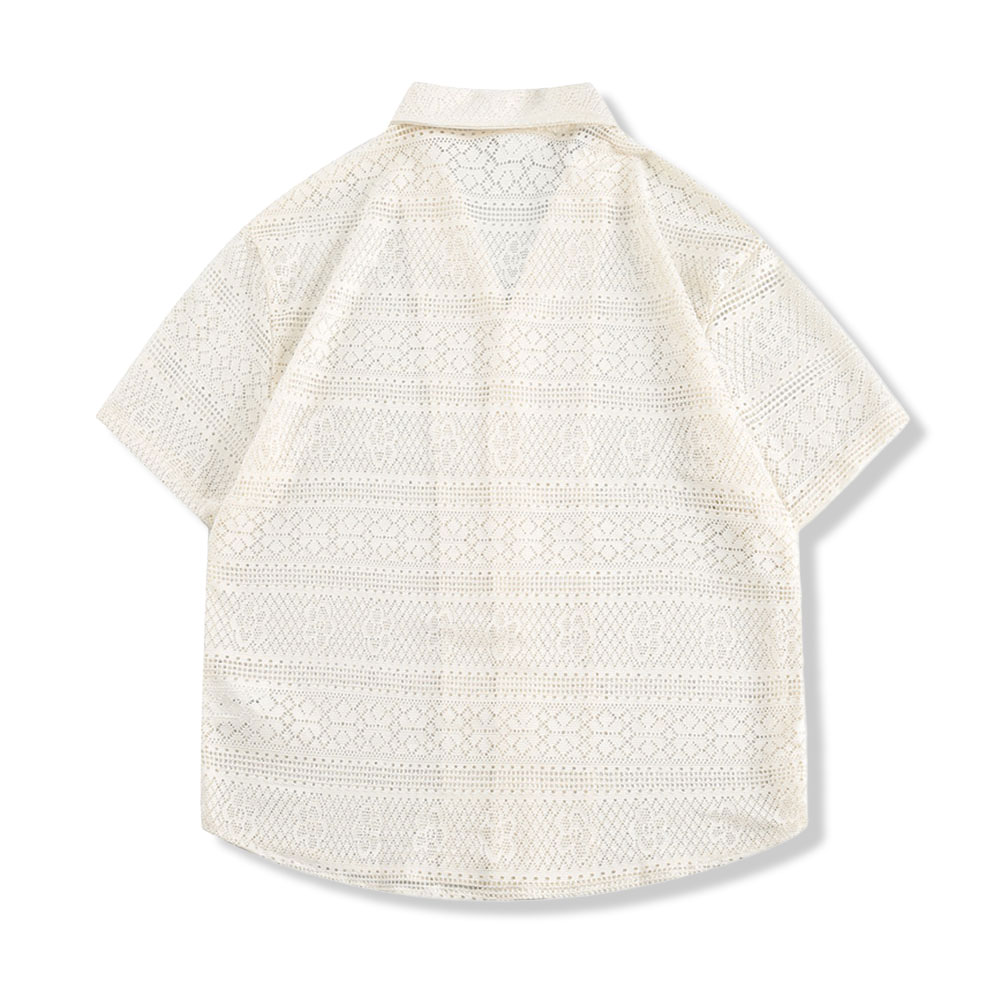 アメカジ　メンズ透かし彫りオープンカラーシャツ 半袖 