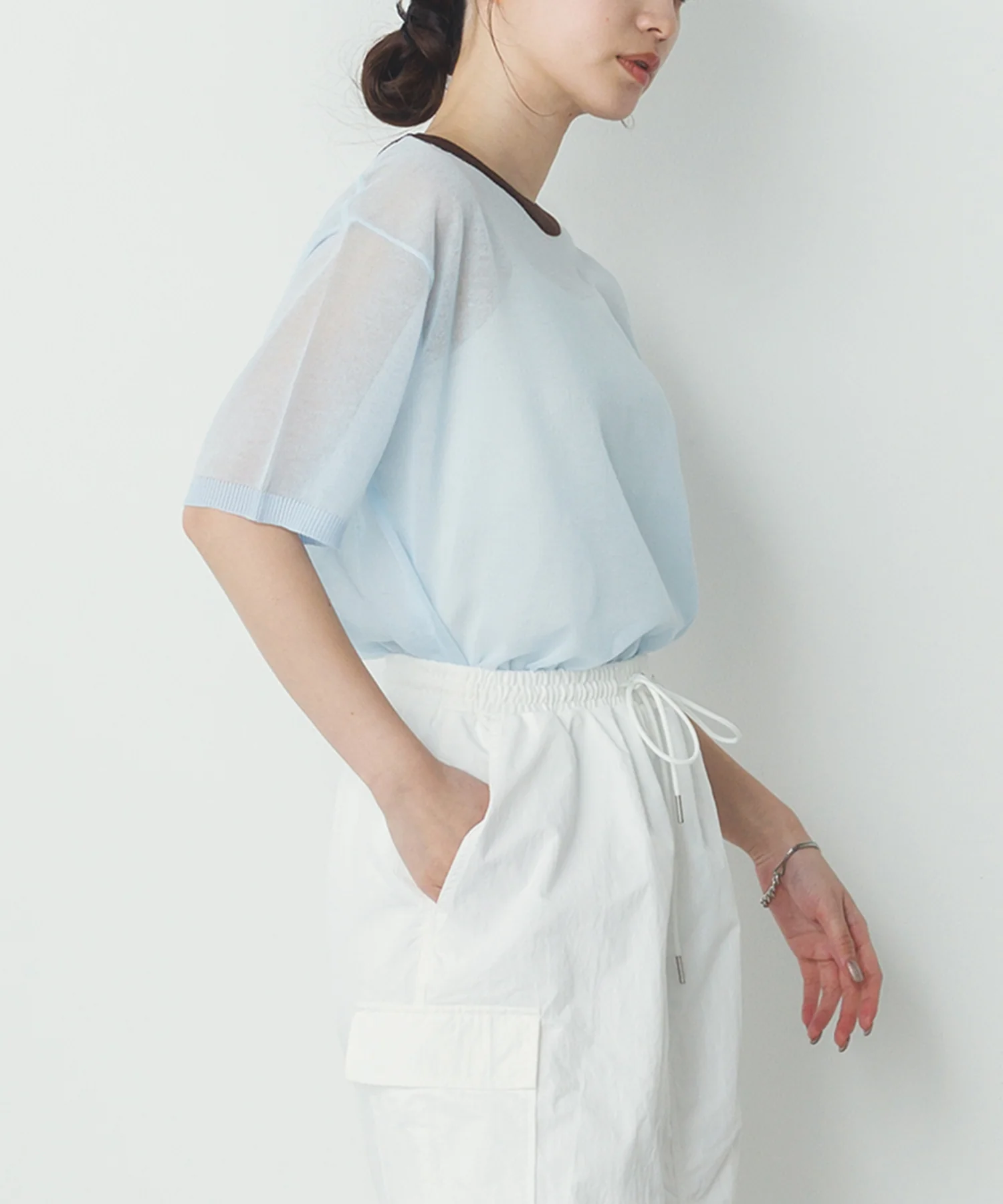 バイカラー シアー半袖ニット