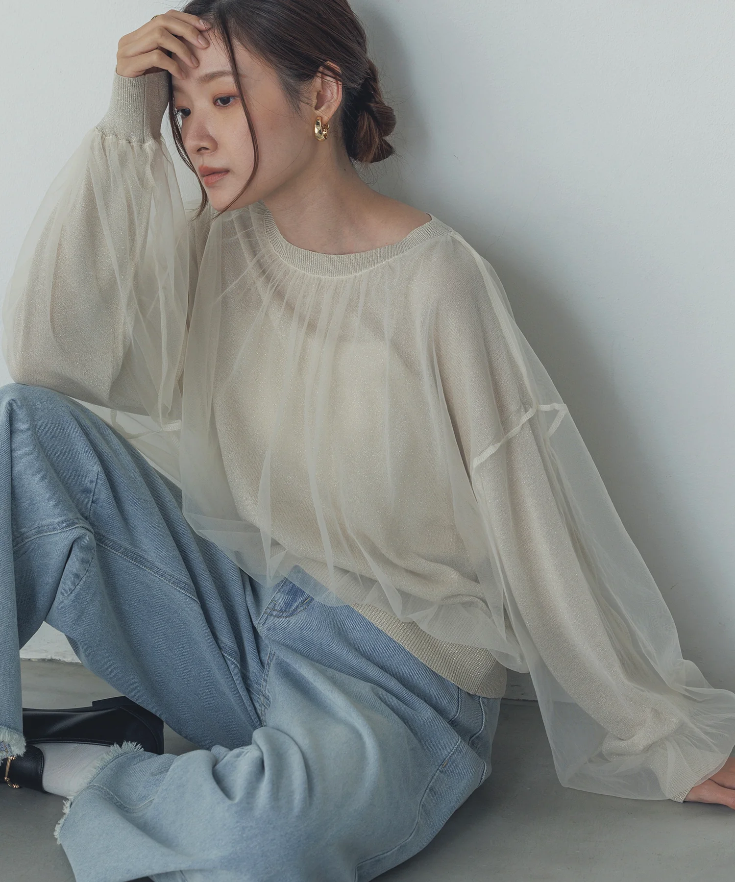 ラメニット チュールレイヤードトップス