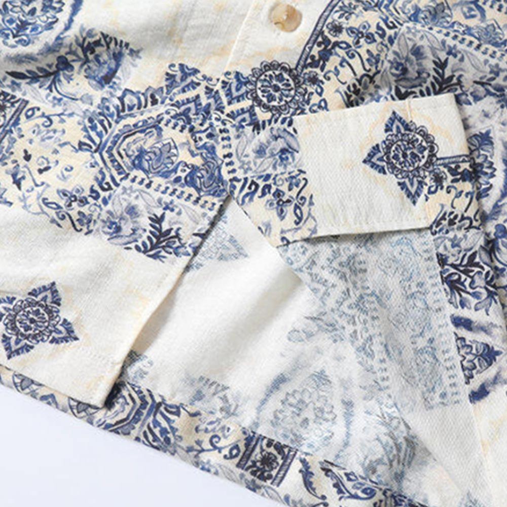 青花磁器ブルートーンプリントリネン風開襟シャツ