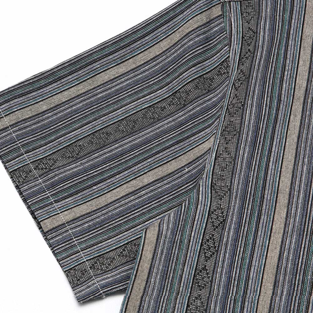 和風先染めストライプ　幾何柄ジャカード半袖シャツ