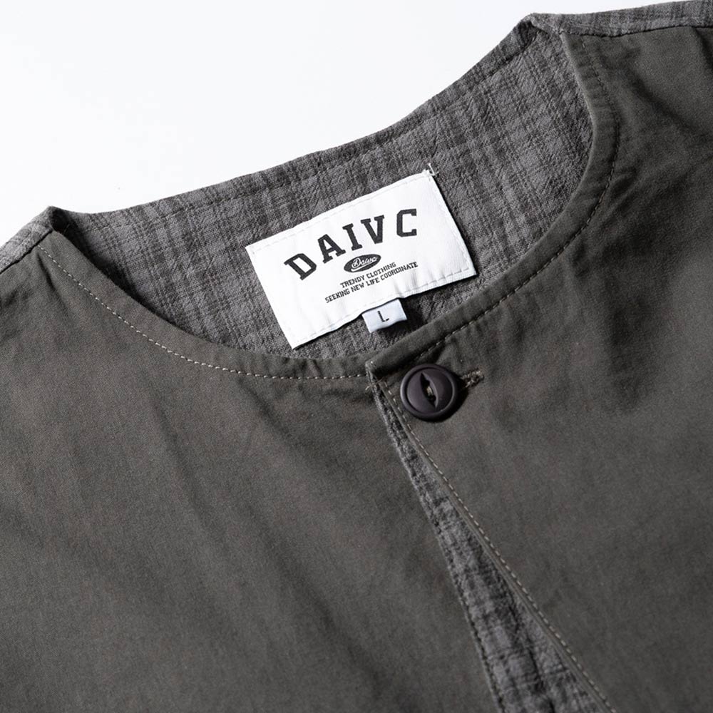 チェック柄切り替え　和風ノーカラーシャツ半袖