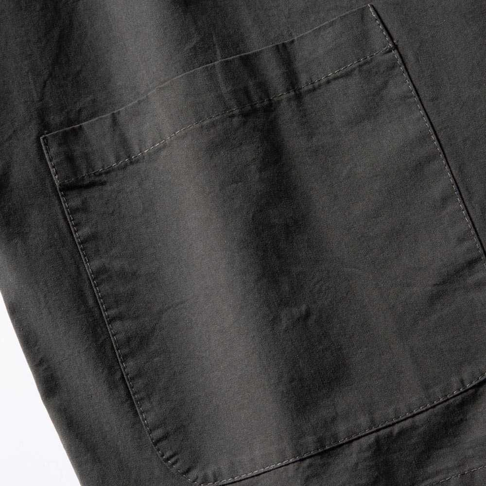 チェック柄切り替え　和風ノーカラーシャツ半袖