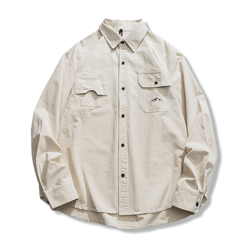 無地　 ミニマル刺繍入りワーク長袖シャツメンズ