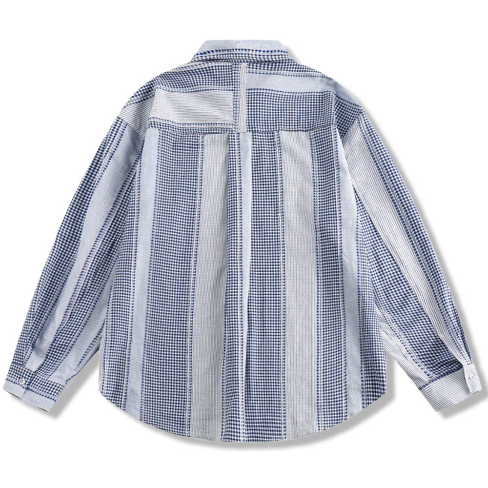 アメカジ　チェック柄パッチワーク長袖シャツ